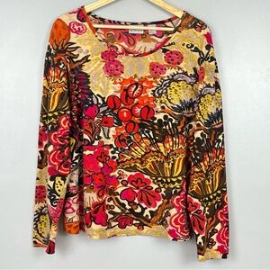 Chico’s cotton spandex red pink orange yellow & black knit top, large.